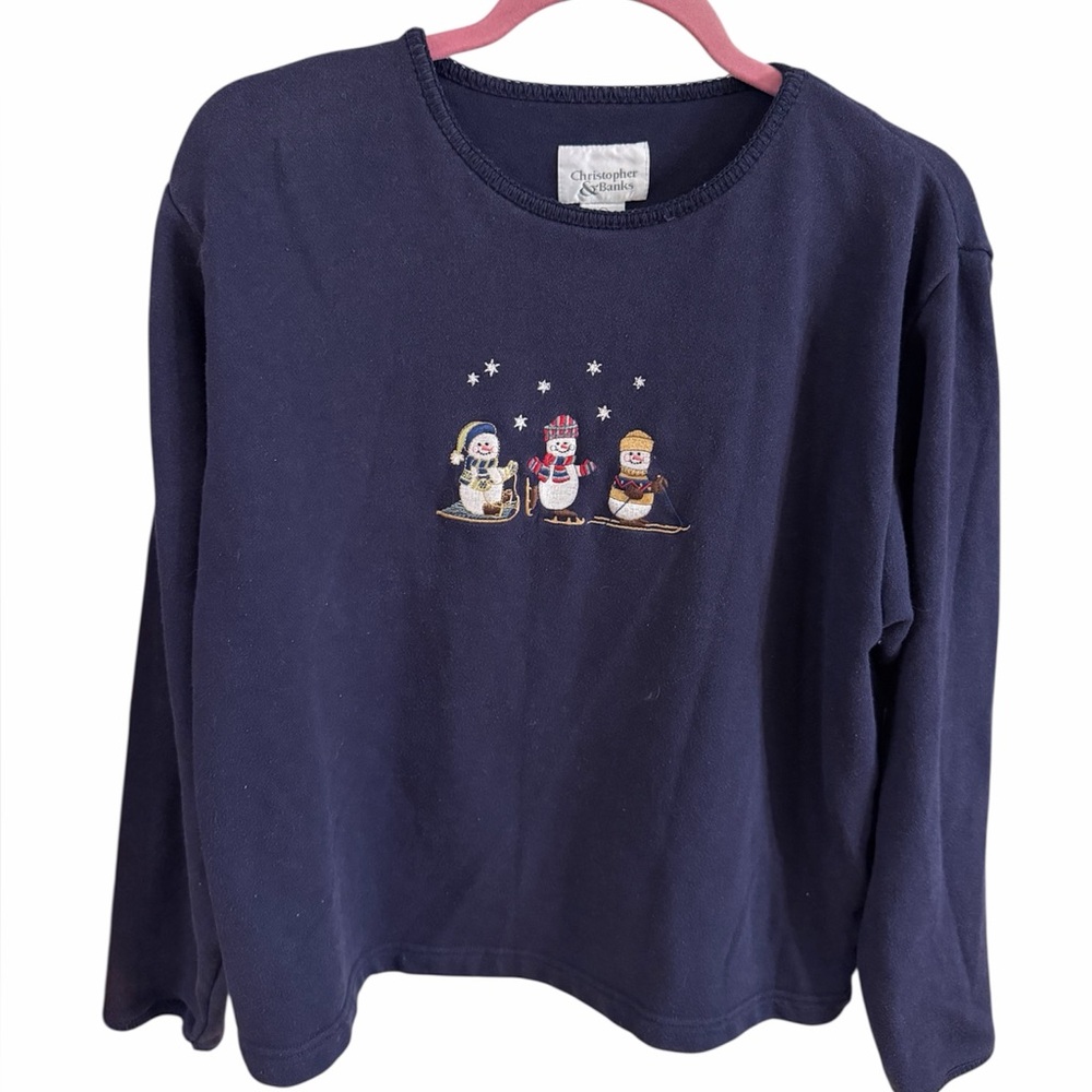 Christopher & Banks Navy Long Sleeve knit top with a Snowman Trio,  size large